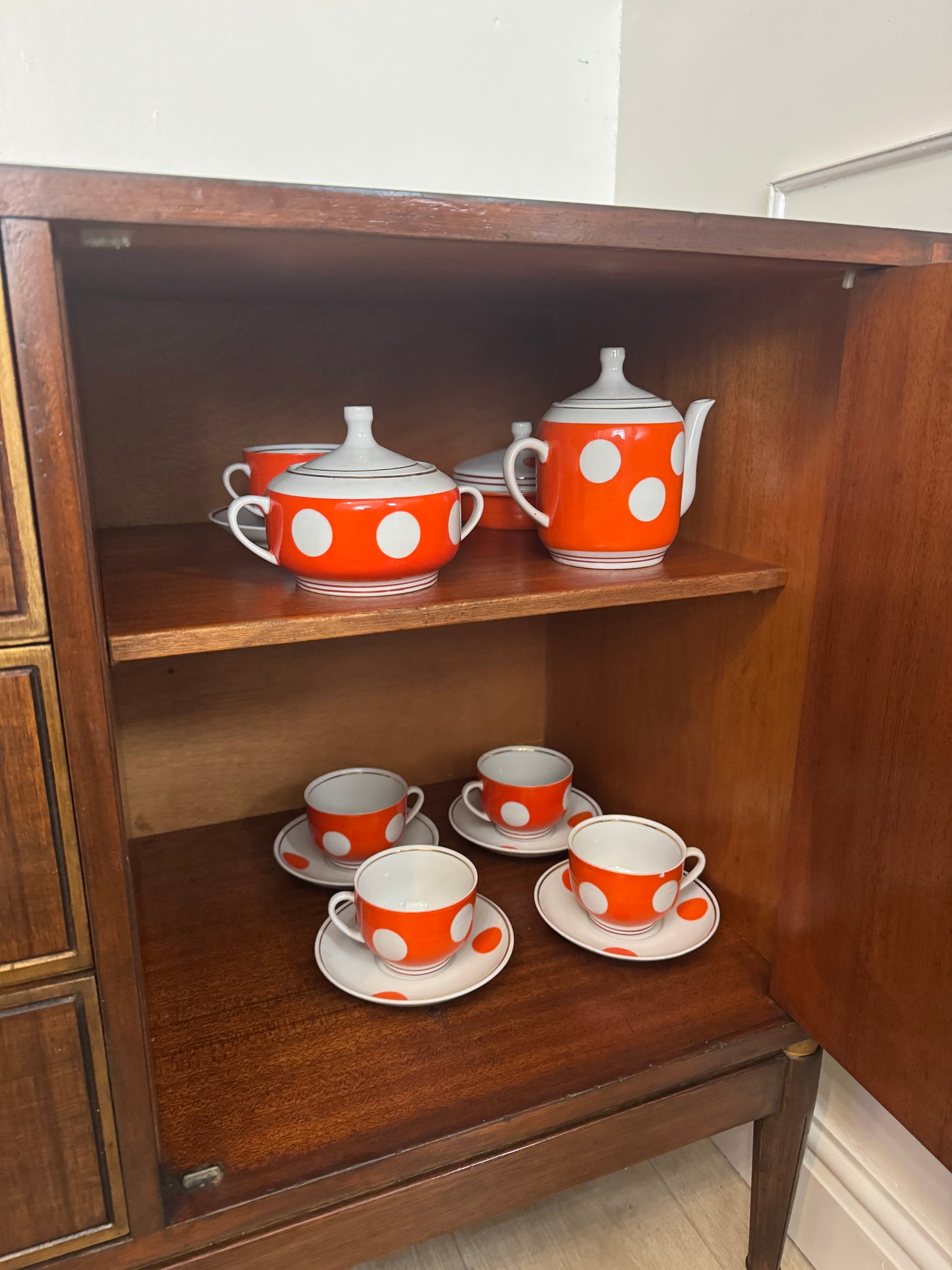 Vintage Soviet Polka Dot Porcelain Tea Set – 15 Piece Mid-Century Tea Service