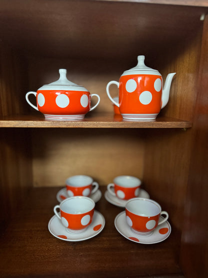 Vintage Soviet Polka Dot Porcelain Tea Set – 15 Piece Mid-Century Tea Service