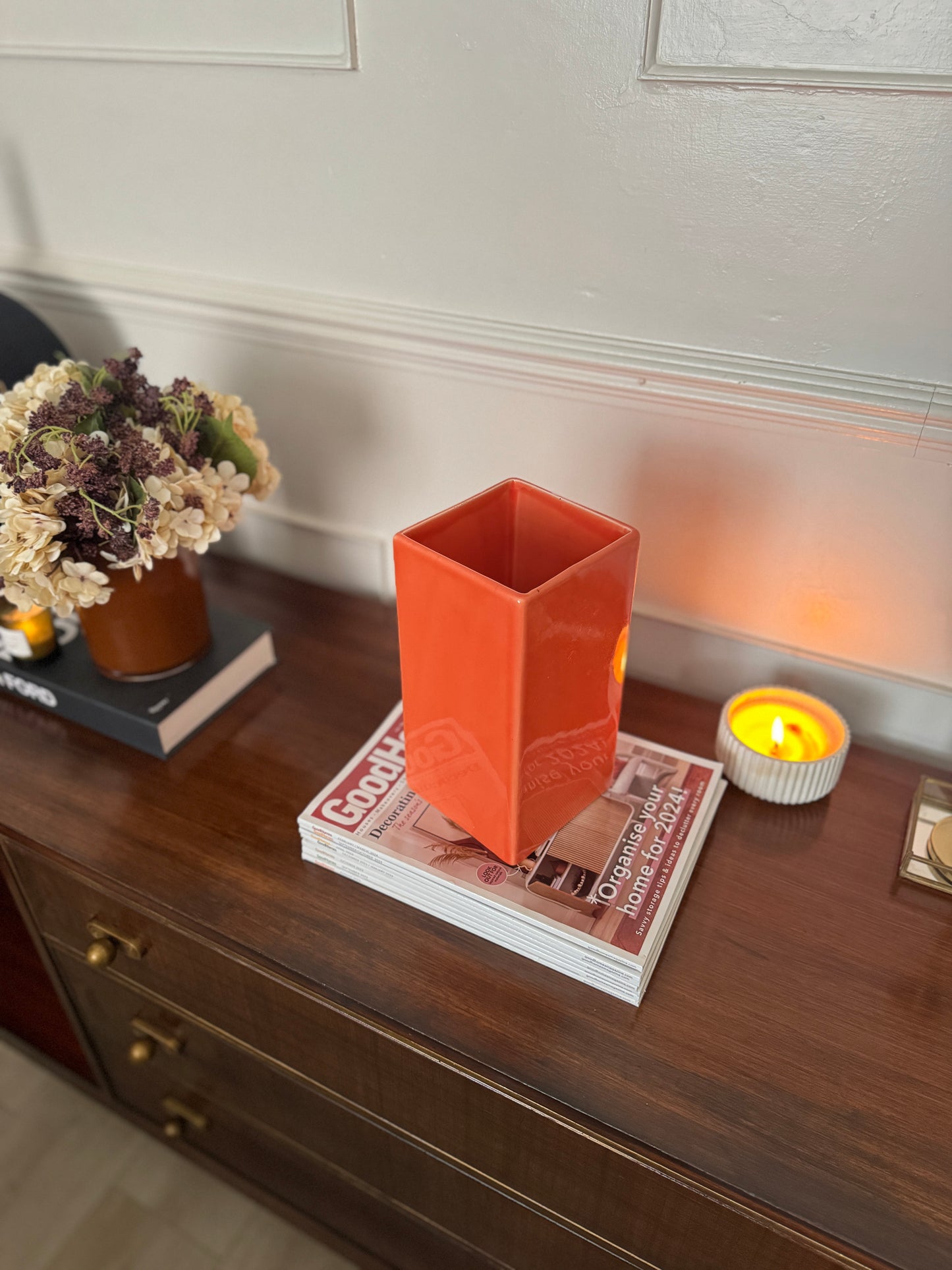 Vintage 1970s Orange Ceramic Vase – Gabbianelli Style Geometric Art Deco Vase