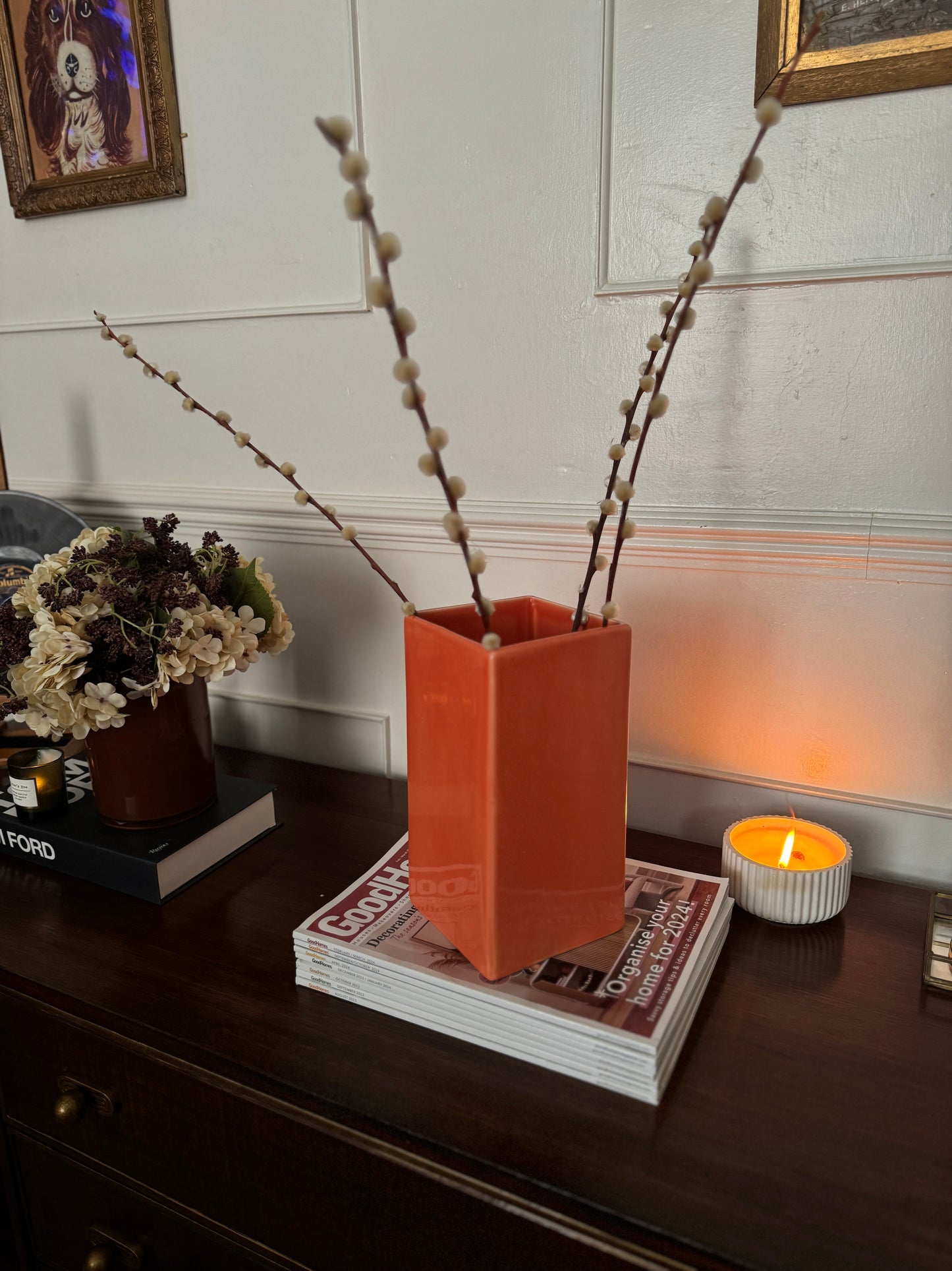 Vintage 1970s Orange Ceramic Vase – Gabbianelli Style Geometric Art Deco Vase