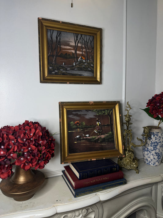 Hungarian Textile Artwork Set in Gold Gilt Frames – Antique Pair (c. 1950s)