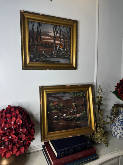 Hungarian Textile Artwork Set in Gold Gilt Frames – Antique Pair (c. 1950s)