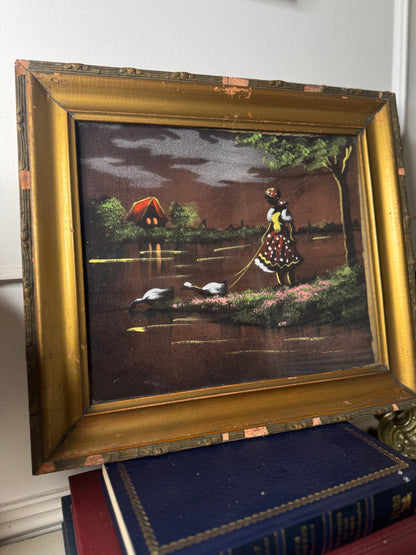 Hungarian Textile Artwork Set in Gold Gilt Frames – Antique Pair (c. 1950s)