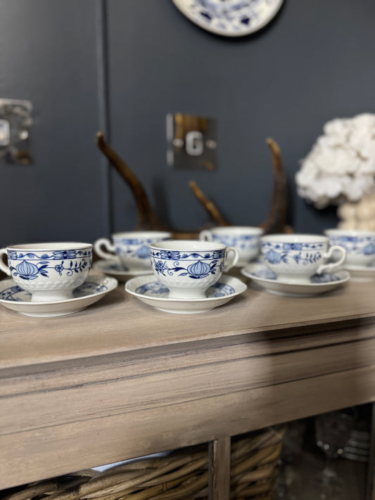 Vintage Volkstedt Pastorale Blue Onion Coffee Cup & Saucer Set – Set of 6, Germany