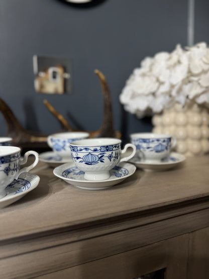 Vintage Volkstedt Pastorale Blue Onion Coffee Cup & Saucer Set – Set of 6, Germany