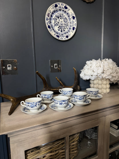 Vintage Volkstedt Pastorale Blue Onion Coffee Cup & Saucer Set – Set of 6, Germany