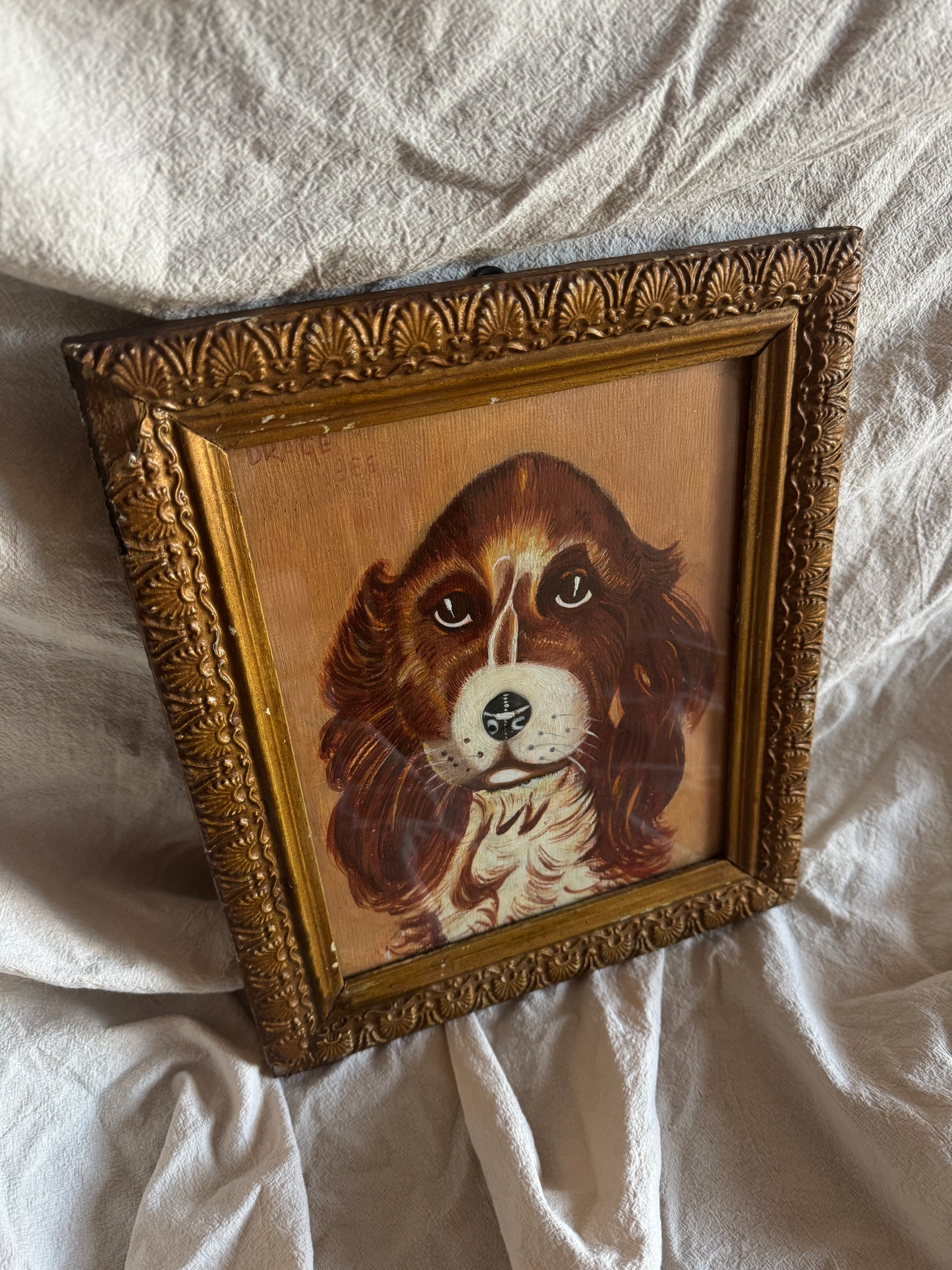 Vintage Signed Loyal Eyes, Vintage Soul Dog Painting in Gilt Frame