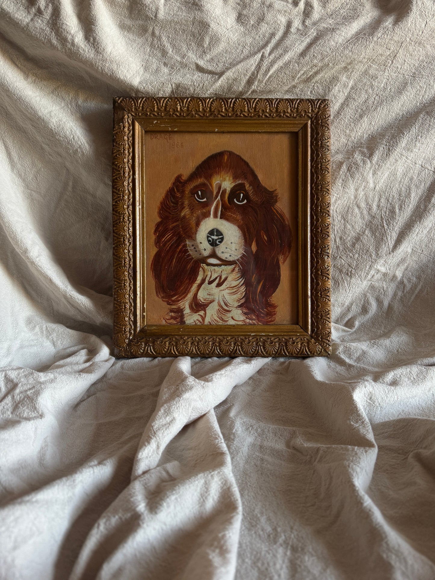 Vintage Signed Loyal Eyes, Vintage Soul Dog Painting in Gilt Frame