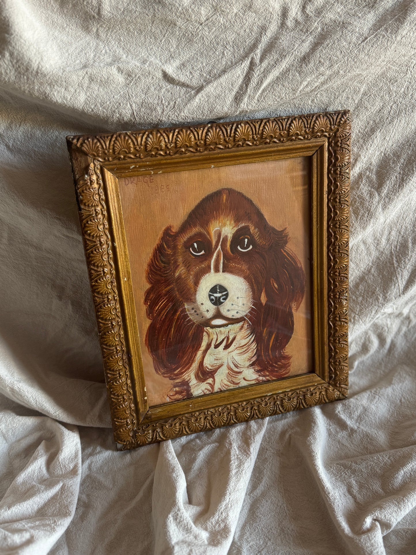 Vintage Signed Loyal Eyes, Vintage Soul Dog Painting in Gilt Frame