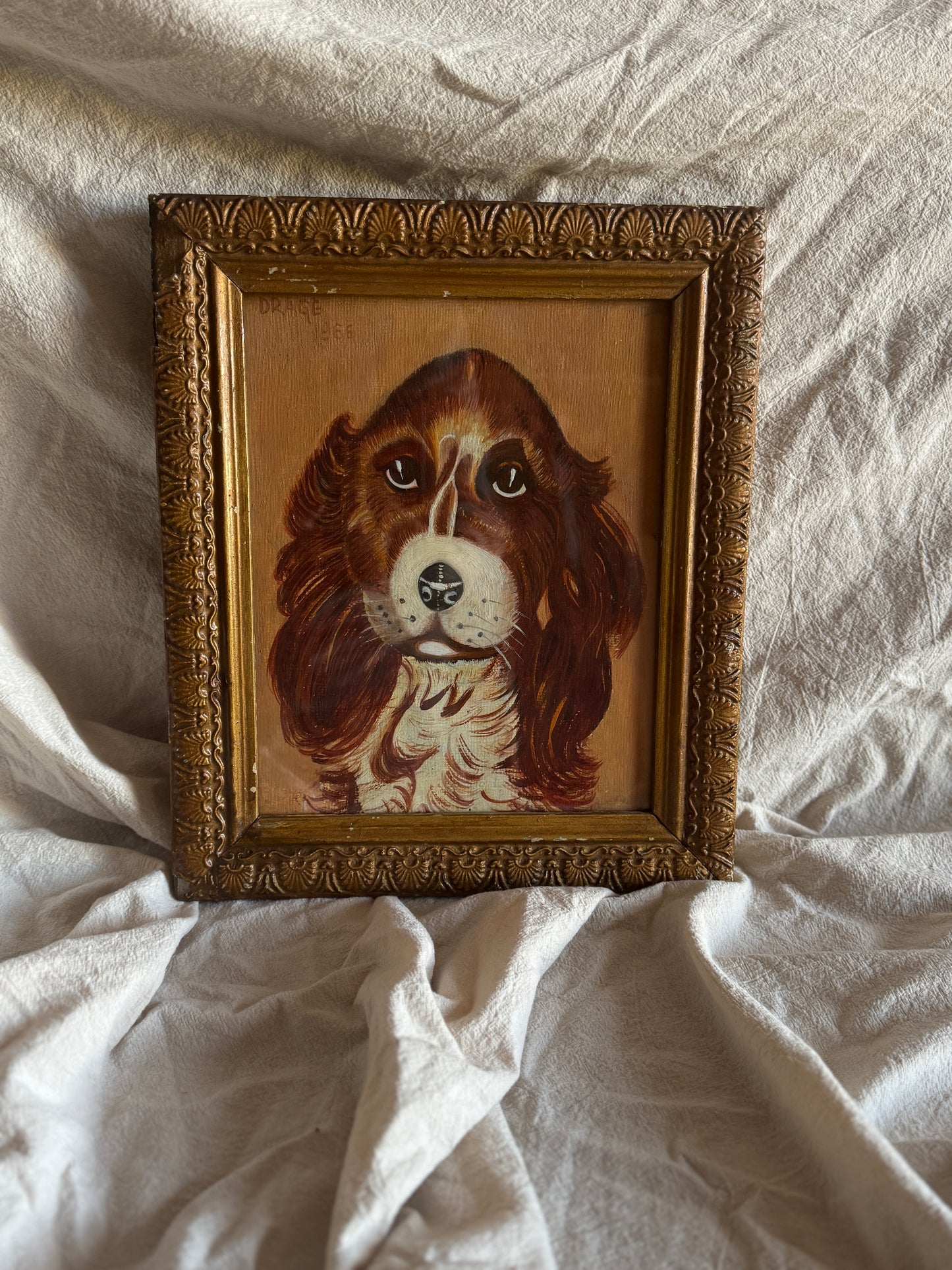 Vintage Signed Loyal Eyes, Vintage Soul Dog Painting in Gilt Frame