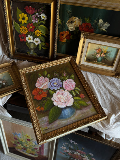 Vintage Floral Oil Painting by E. Henstock: Antique Gold Frame 43 x 35 cm