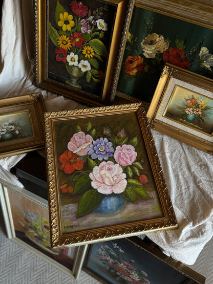 Vintage Floral Oil Painting by E. Henstock: Antique Gold Frame 43 x 35 cm