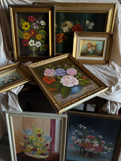 Vintage Floral Oil Painting in White Frame- Spring Blooms at Kilnwick