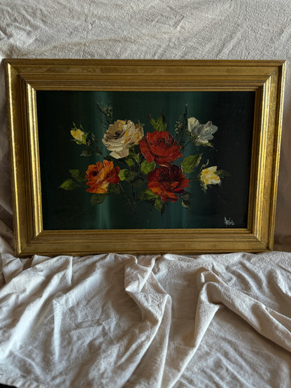 Vintage Dark Green Floral Display Painting by Arnold in Gold Wooden Picture Frame