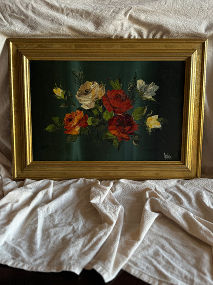 Vintage Dark Green Floral Display Painting by Arnold in Gold Wooden Picture Frame