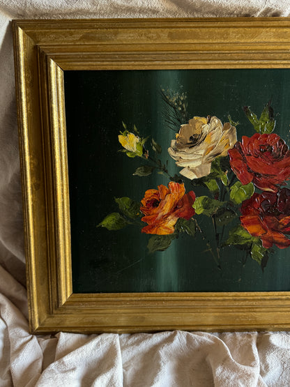 Vintage Dark Green Floral Display Painting by Arnold in Gold Wooden Picture Frame