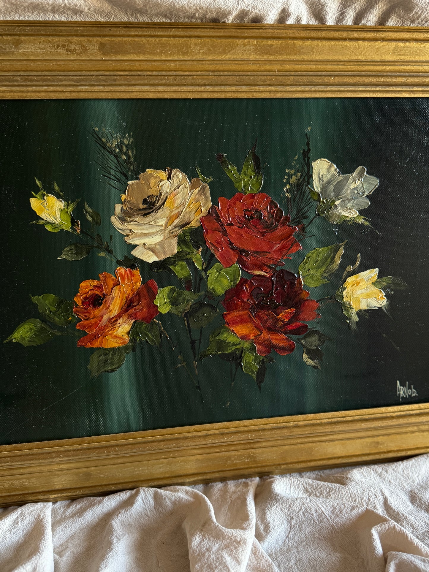 Vintage Dark Green Floral Display Painting by Arnold in Gold Wooden Picture Frame