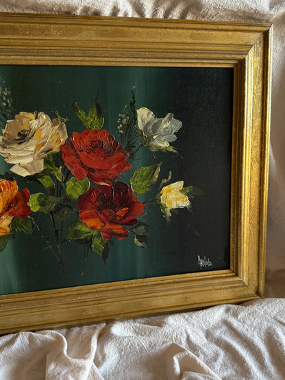 Vintage Dark Green Floral Display Painting by Arnold in Gold Wooden Picture Frame