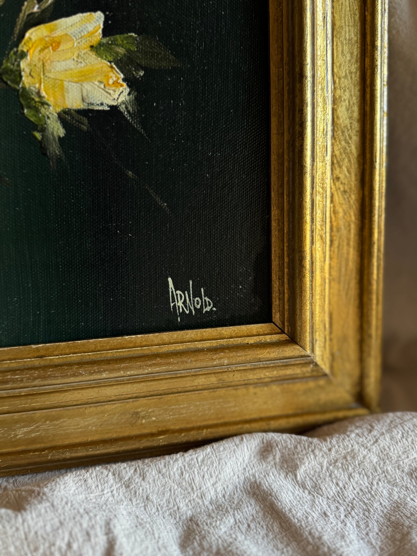 Vintage Dark Green Floral Display Painting by Arnold in Gold Wooden Picture Frame