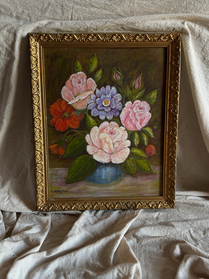 Vintage Floral Oil Painting by E. Henstock: Antique Gold Frame 43 x 35 cm