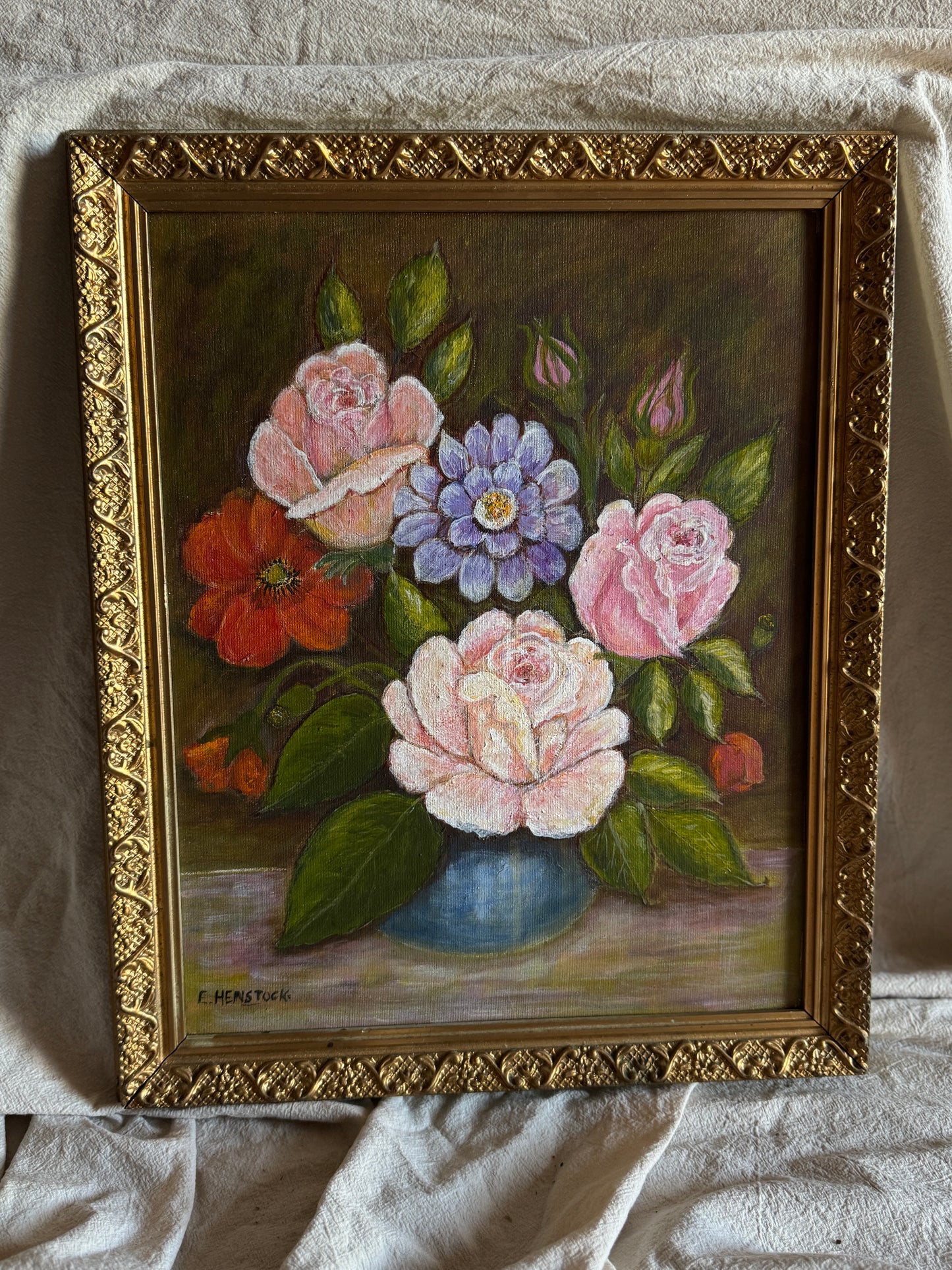 Vintage Floral Oil Painting by E. Henstock: Antique Gold Frame 43 x 35 cm