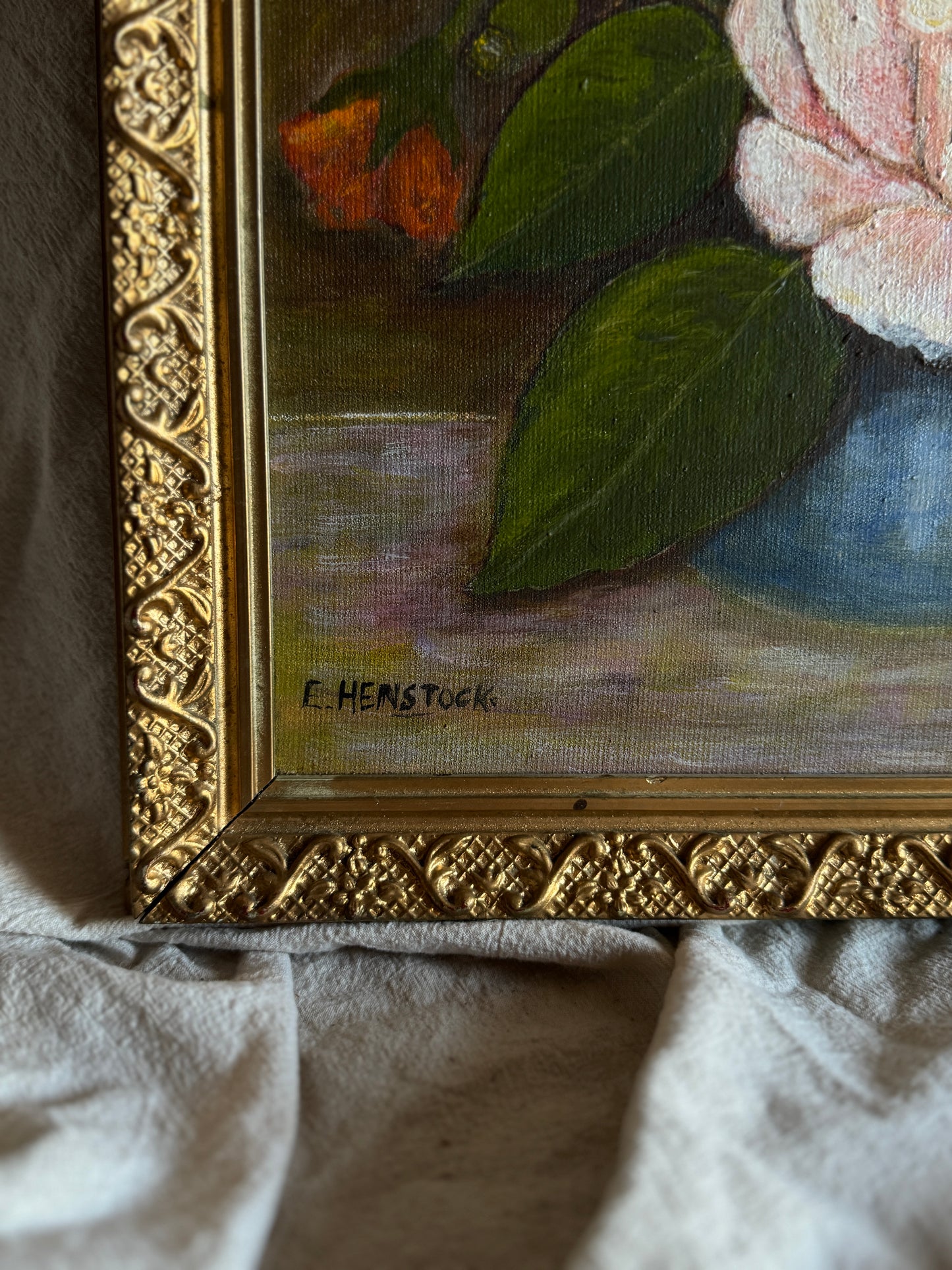 Vintage Floral Oil Painting by E. Henstock: Antique Gold Frame 43 x 35 cm