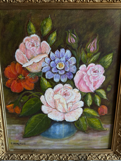 Vintage Floral Oil Painting by E. Henstock: Antique Gold Frame 43 x 35 cm