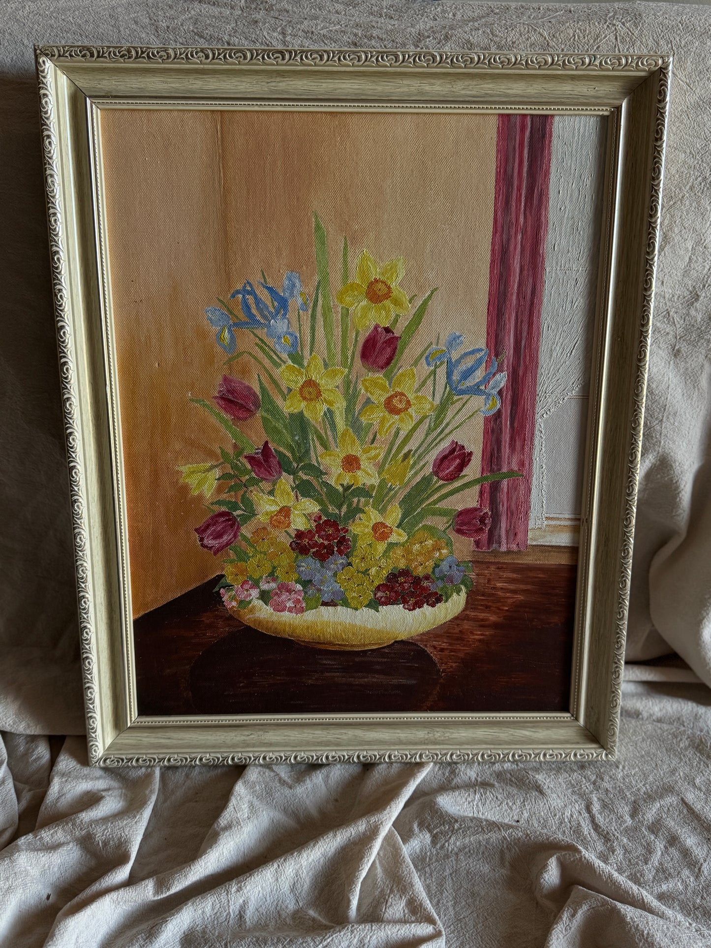 Vintage Floral Oil Painting in White Frame- Spring Blooms at Kilnwick