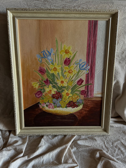 Vintage Floral Oil Painting in White Frame- Spring Blooms at Kilnwick