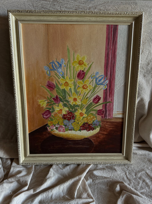 Vintage Floral Oil Painting in White Frame- Spring Blooms at Kilnwick