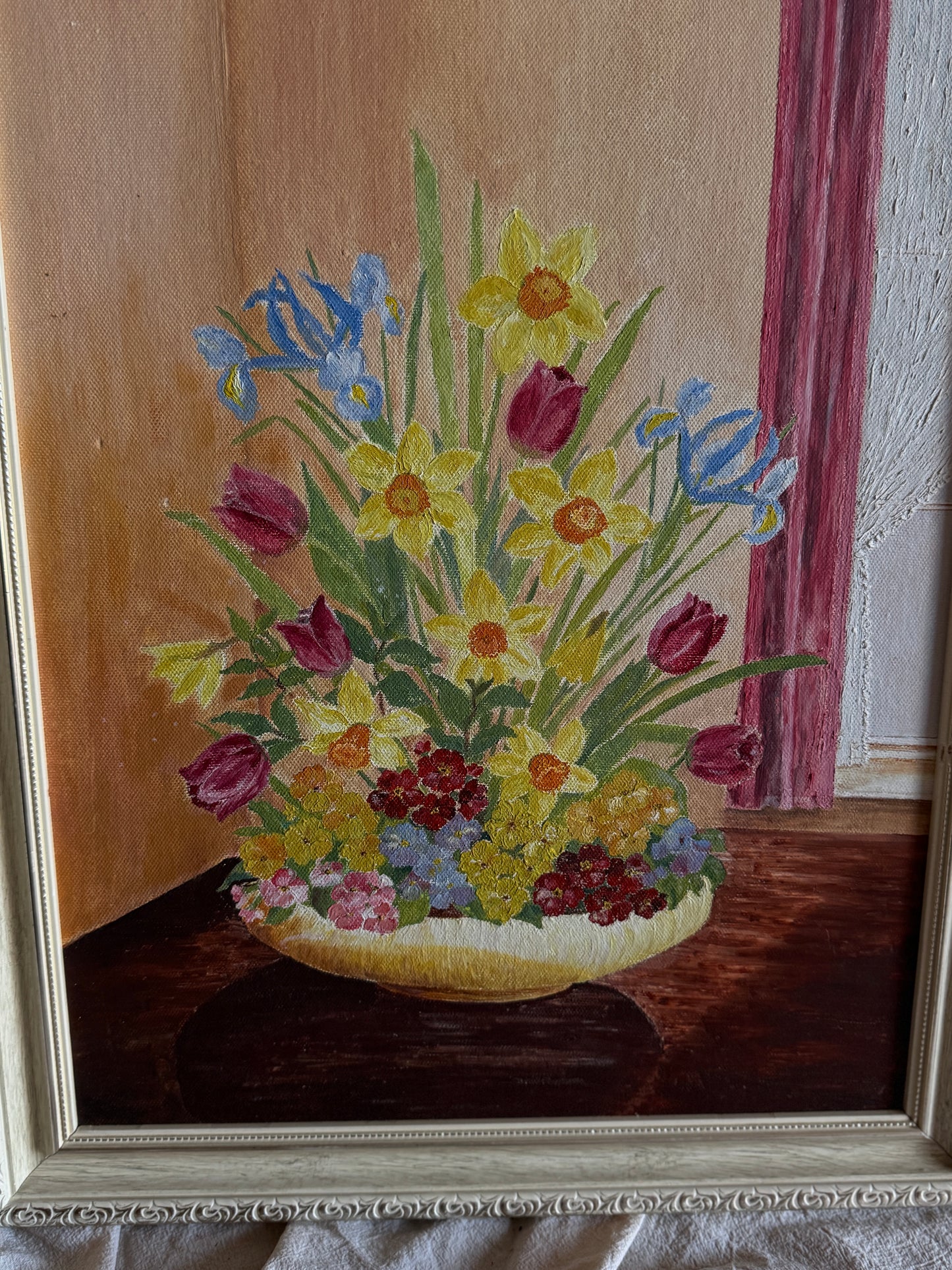 Vintage Floral Oil Painting in White Frame- Spring Blooms at Kilnwick