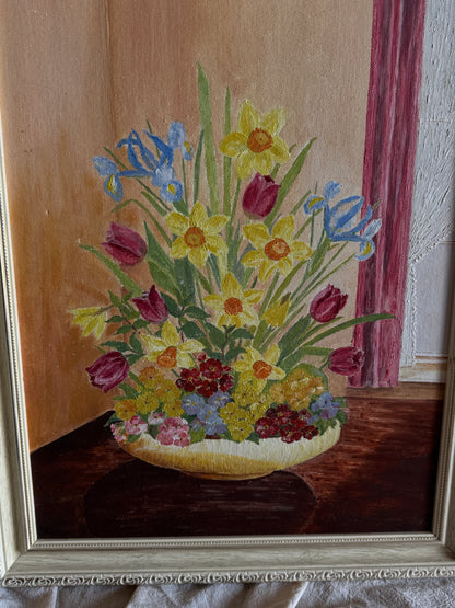 Vintage Floral Oil Painting in White Frame- Spring Blooms at Kilnwick