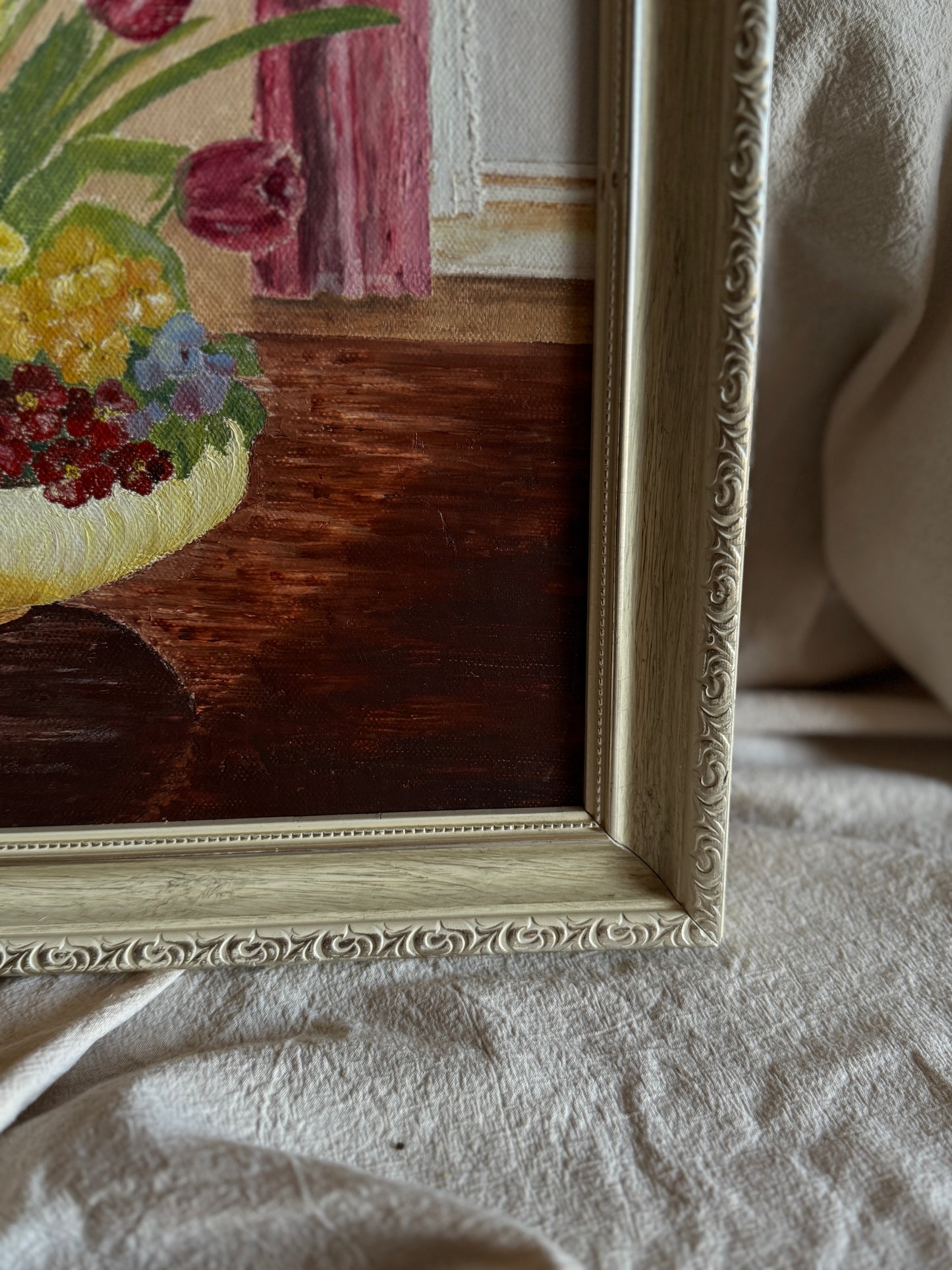 Vintage Floral Oil Painting in White Frame- Spring Blooms at Kilnwick