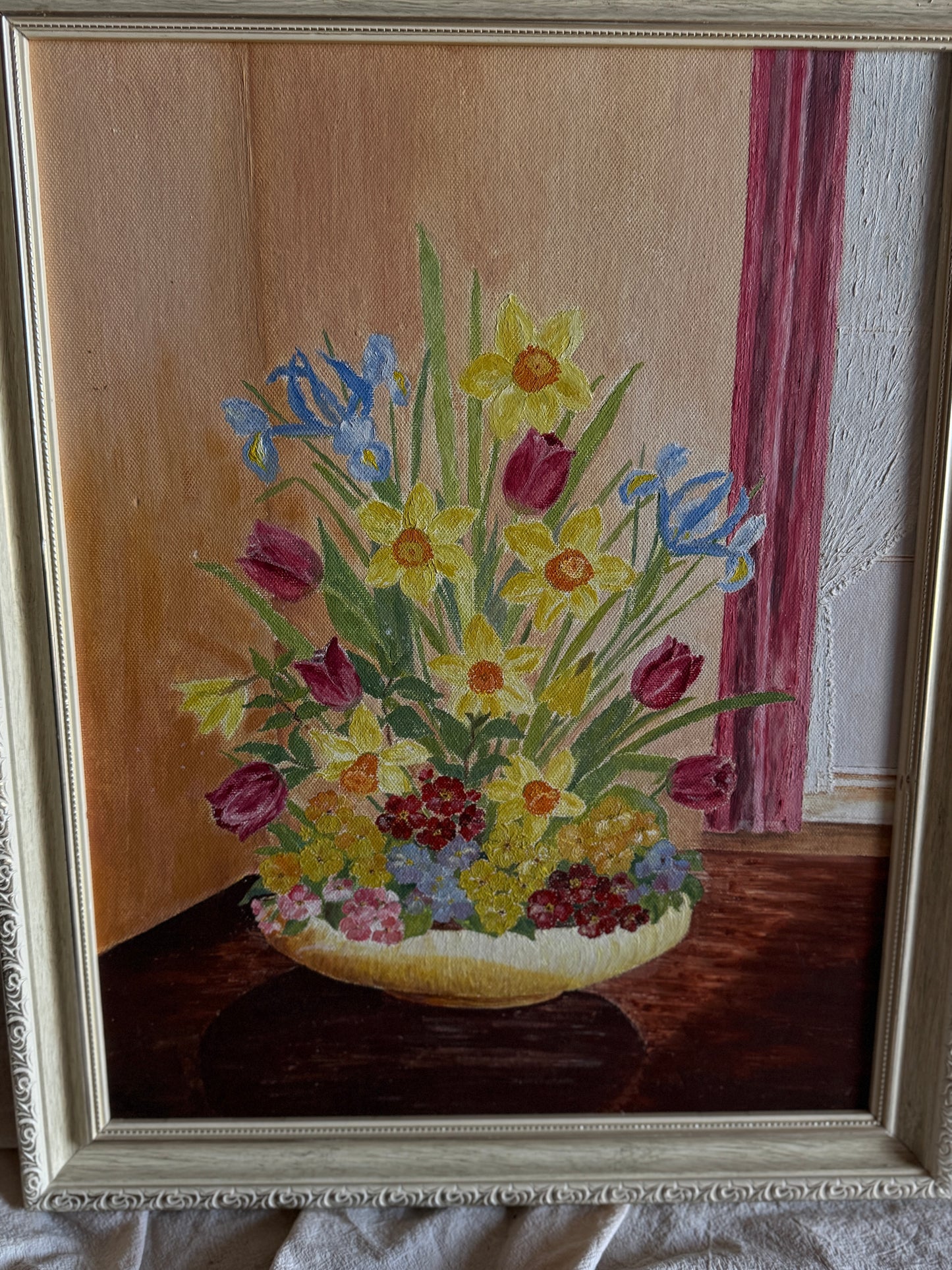 Vintage Floral Oil Painting in White Frame- Spring Blooms at Kilnwick