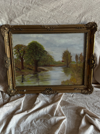 Original Oil Painting – Rustic Field Landscape by D. Walker in Gold Chippendale Frame