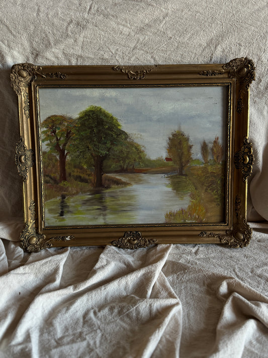 Original Oil Painting – Rustic Field Landscape by D. Walker in Gold Chippendale Frame