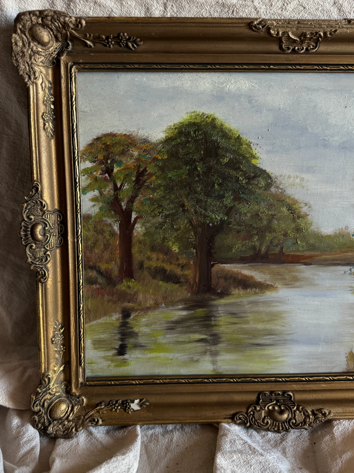 Original Oil Painting – Rustic Field Landscape by D. Walker in Gold Chippendale Frame