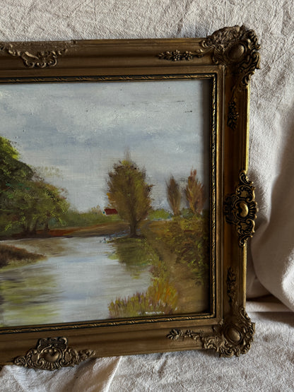 Original Oil Painting – Rustic Field Landscape by D. Walker in Gold Chippendale Frame