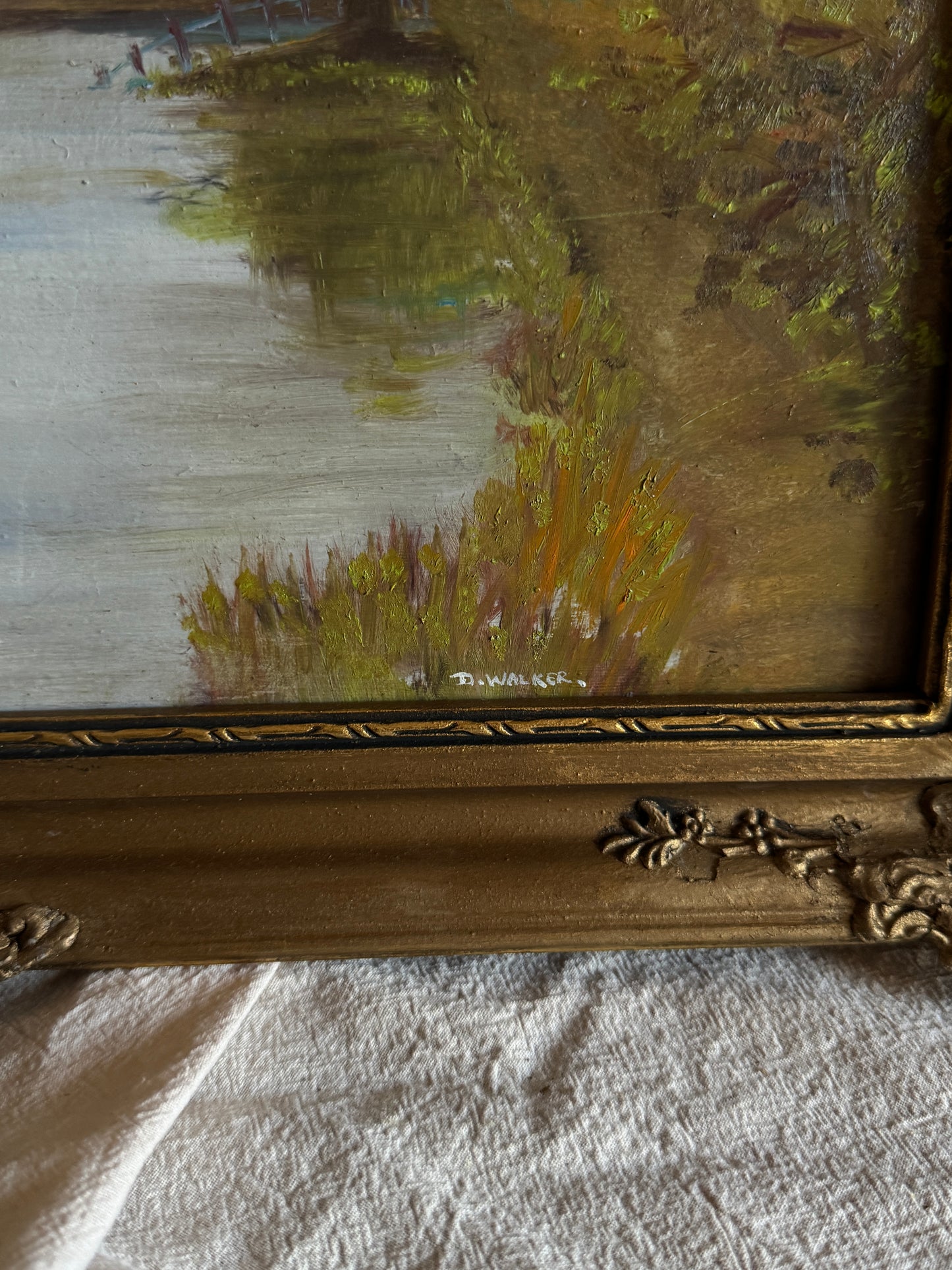 Original Oil Painting – Rustic Field Landscape by D. Walker in Gold Chippendale Frame