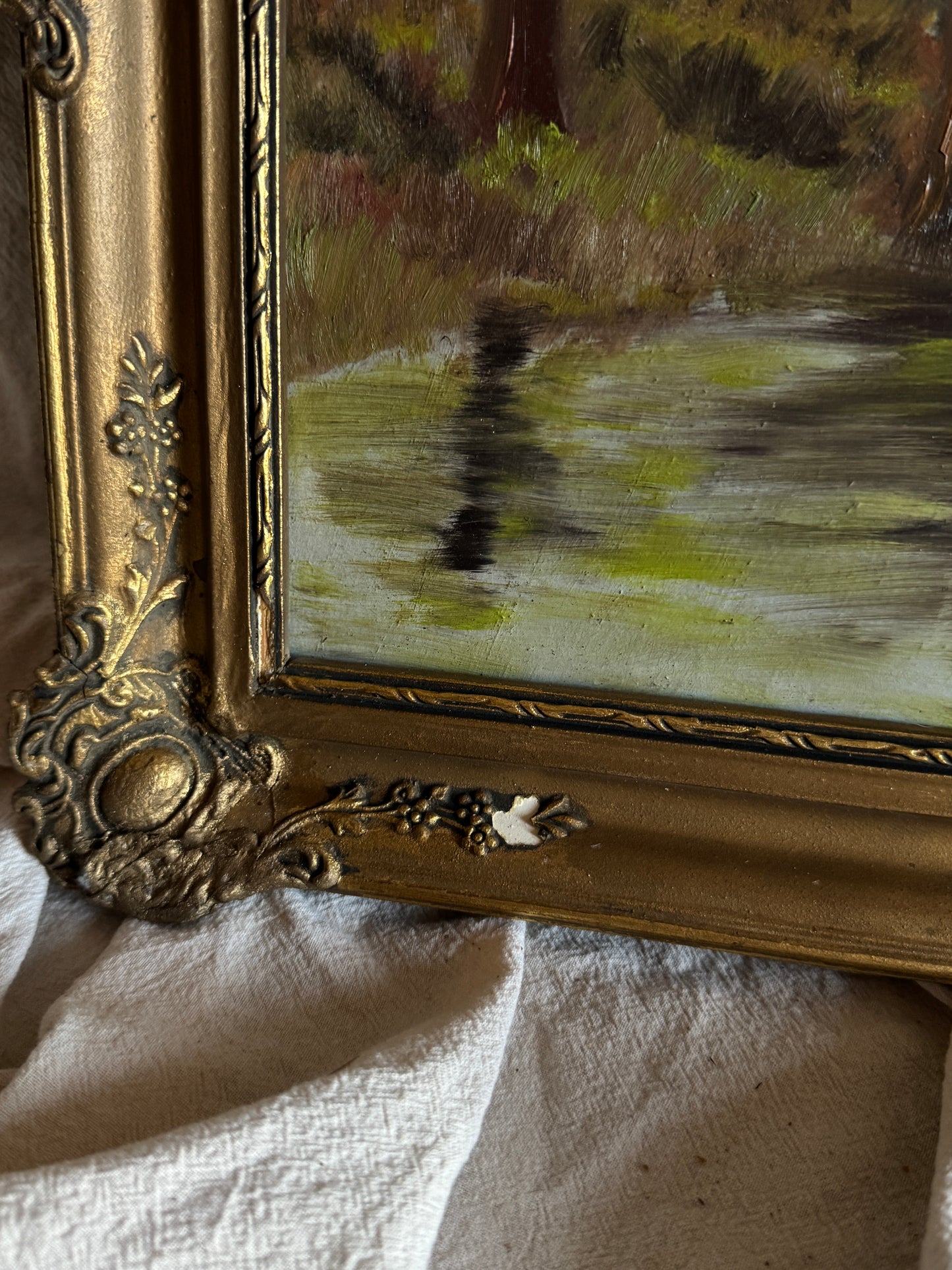Original Oil Painting – Rustic Field Landscape by D. Walker in Gold Chippendale Frame