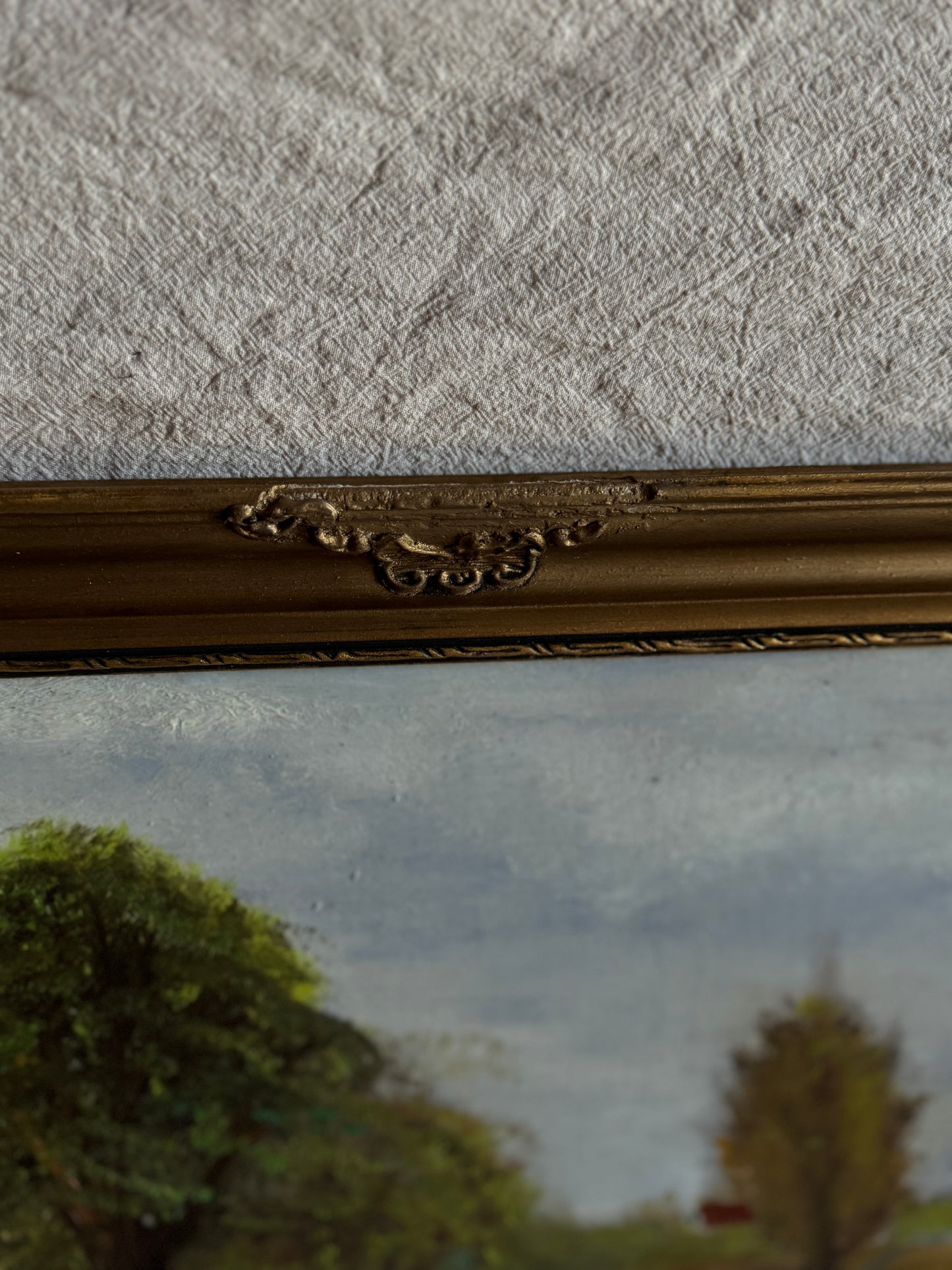 Original Oil Painting – Rustic Field Landscape by D. Walker in Gold Chippendale Frame