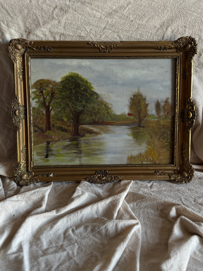 Original Oil Painting – Rustic Field Landscape by D. Walker in Gold Chippendale Frame