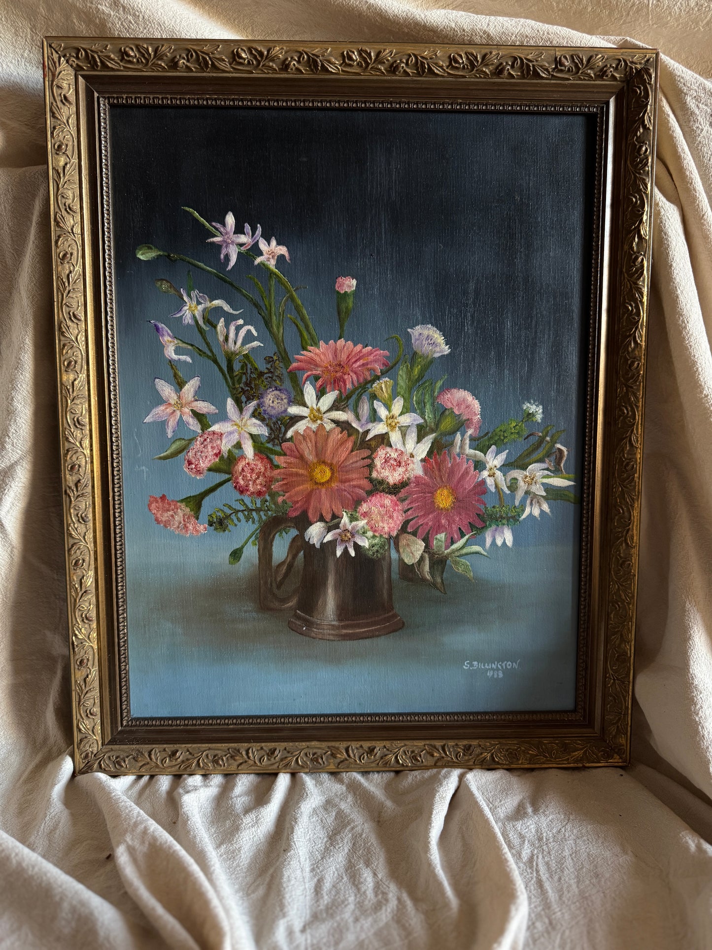 Vintage Floral Oil Painting, S. Billington, Gold Gilt Frame (53 x 42 cm)