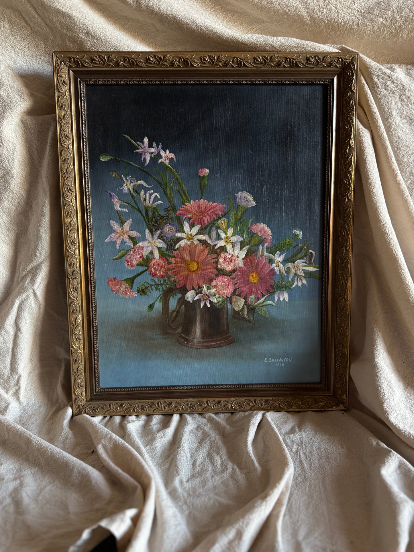 Vintage Floral Oil Painting, S. Billington, Gold Gilt Frame (53 x 42 cm)