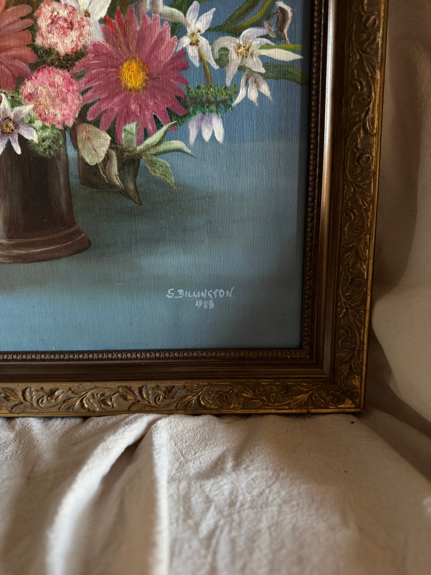 Vintage Floral Oil Painting, S. Billington, Gold Gilt Frame (53 x 42 cm)