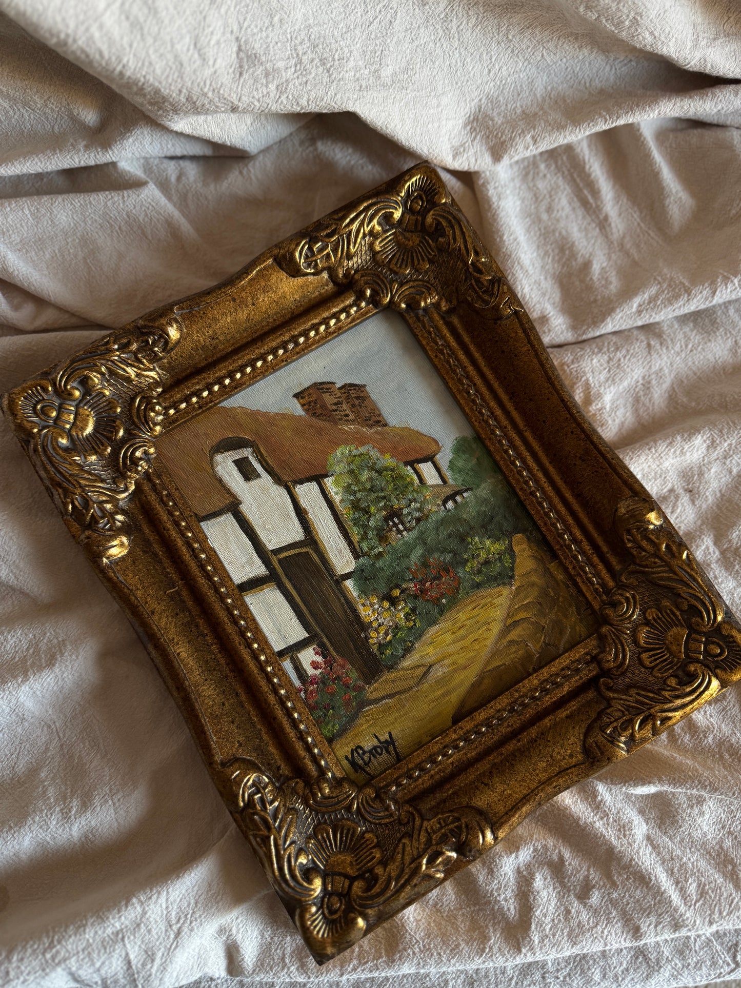 Vintage Small Oil Painting Signed by K. Broby  in Frame Nantes