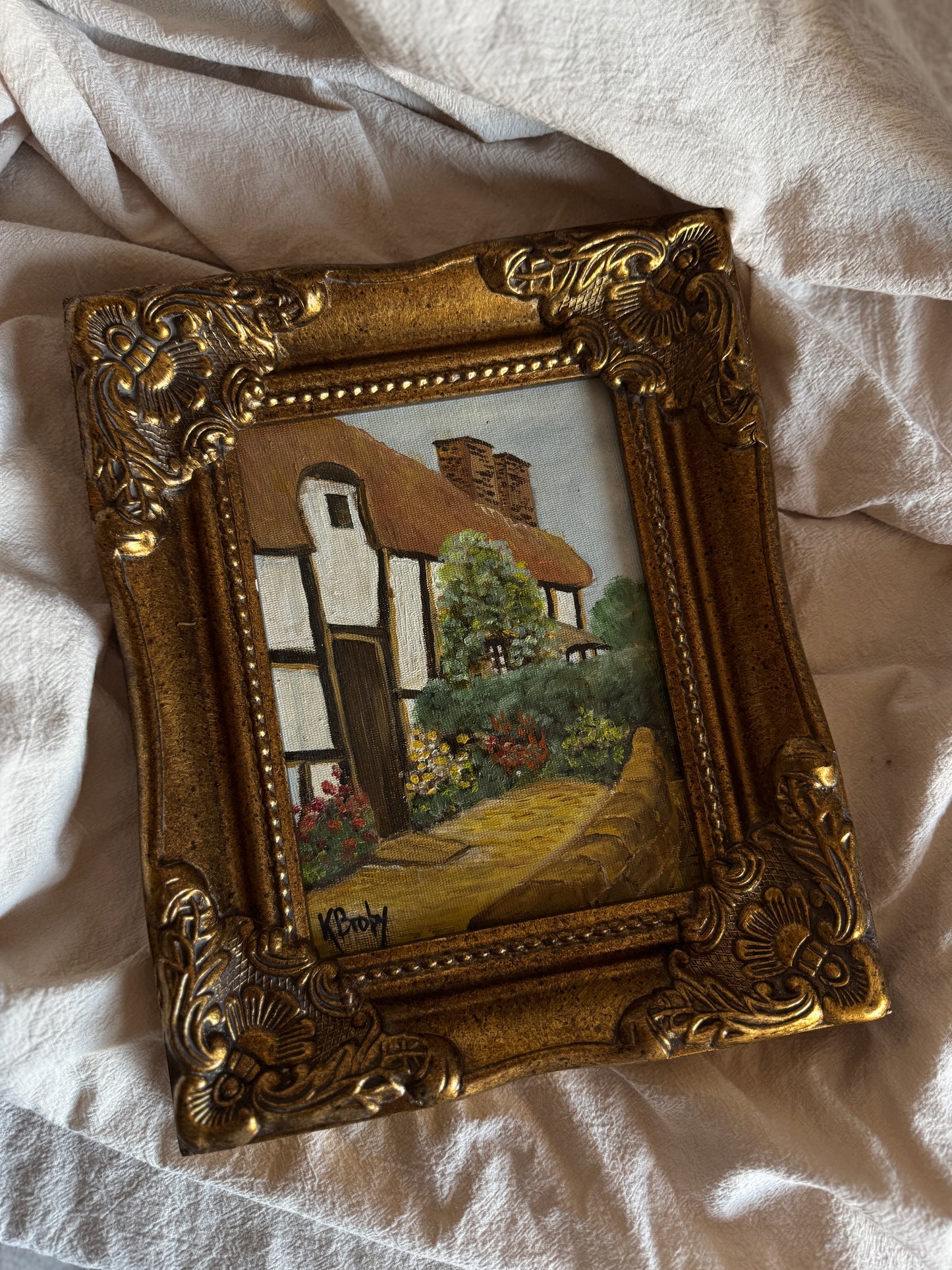 Vintage Small Oil Painting Signed by K. Broby  in Frame Nantes
