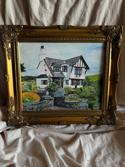 Vintage Oil Painting of Crag End Farm (Lake District) in a Gold Ornate Frame