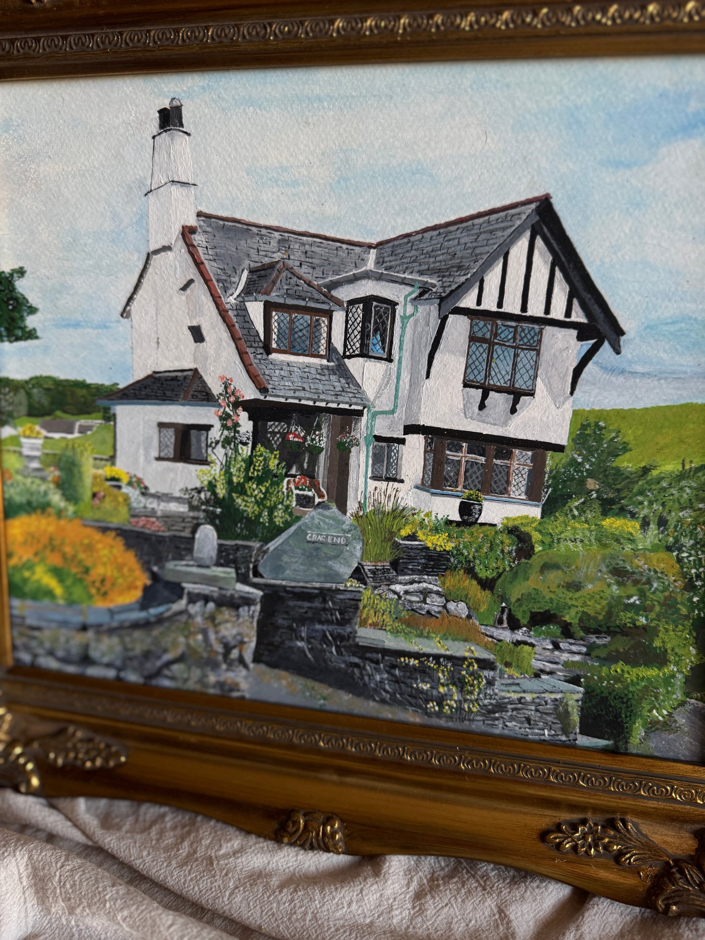 Vintage Oil Painting of Crag End Farm (Lake District) in a Gold Ornate Frame
