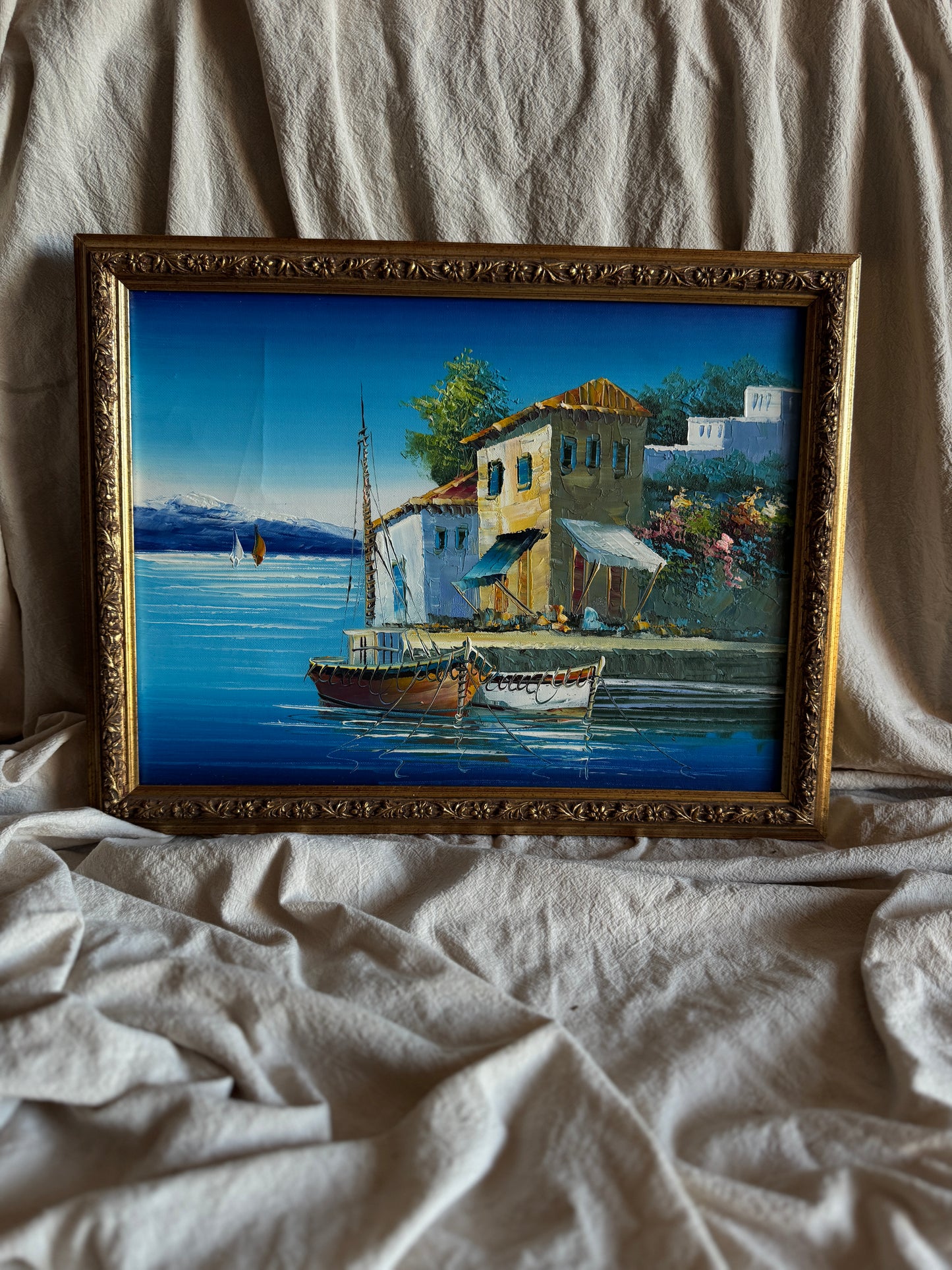 Vintage Bright Mediterranean Oil Paintings – Hand-Painted, Gilt Framed Pieces